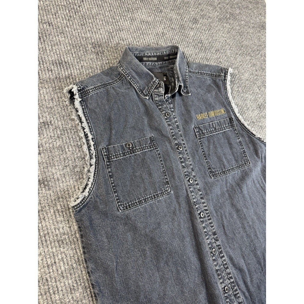 Harley-Davidson Sleeveless Denim Vest Black Button-Up Embroidered Men's Large - Picture 5 of 5